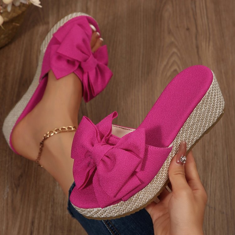 Women's Bow Knot Espadrille Wedge Sandals, Open Toe Slip On Platform Slides