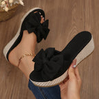 Women's Bow Knot Espadrille Wedge Sandals, Open Toe Slip On Platform Slides
