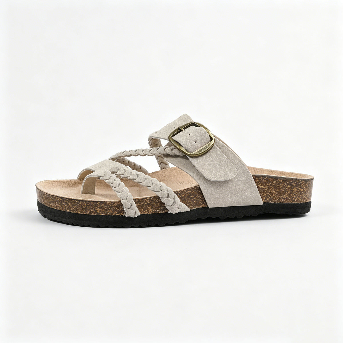 Women's Braided Leather Cork Footbed Sandals, Adjustable Buckle, Arch Support Orthopedic Slides